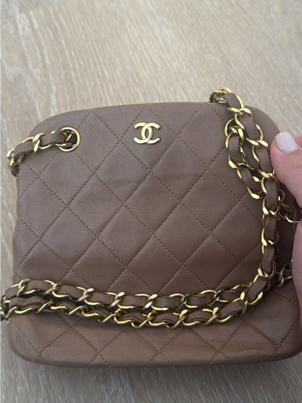 CHANEL Quilted Lambskin Crossbody Bag in Taupe with Gold Hardware